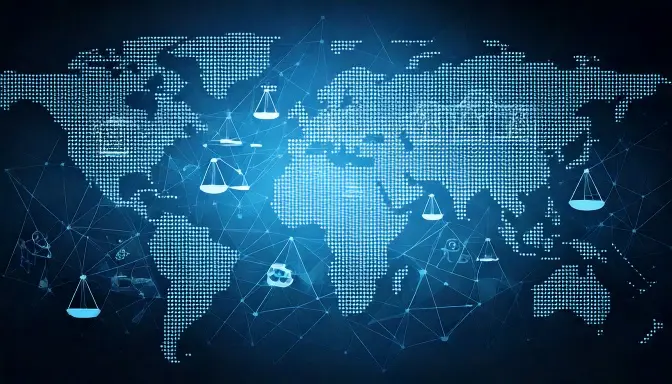 Global network graphic with payment icons and legal symbols, representing ethical international debt collection for The Harbour Club